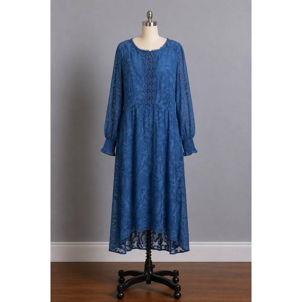 JJ's House Burnout Floral Midi Dress Women XL Blue Polyester Lace Back Boho